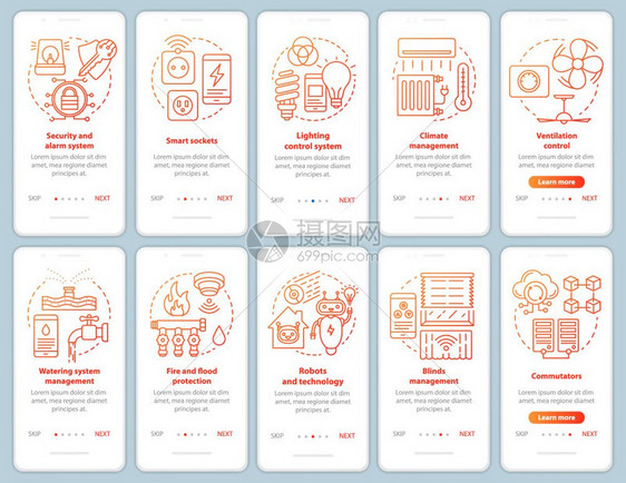 安装移动应用程序页面屏幕矢量模板集的智能房屋现代家庭自动化系统带有线插图的漫步式网站骤uxig智能手机界面概念图片