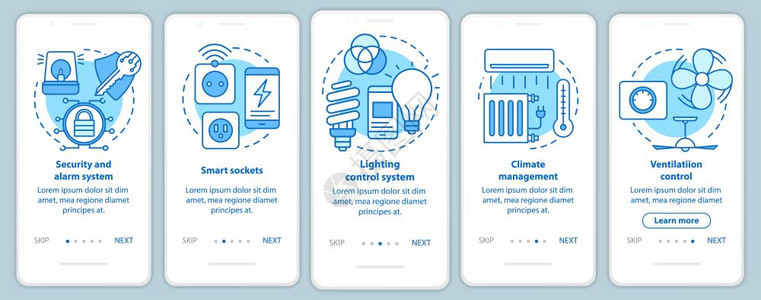 移动应用程序页面屏幕矢量模板生活舒适家庭自动化系统用线插图走过网站步骤uxig智能手机界面概念图片