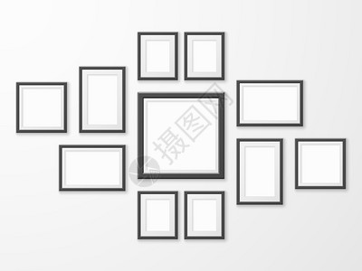 黑色图片框以不同大小和形状排列的现实空图像框博物馆画廊的模型带影子矢量设置的挂图木材照片不同大小和形状的空图像框现实带影子矢图片