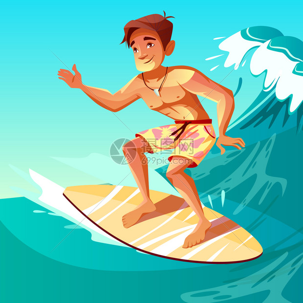 男子冲浪者海滩动画矢量