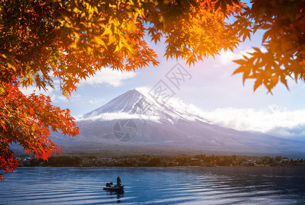 秋天日本富士山下湖边风景图片