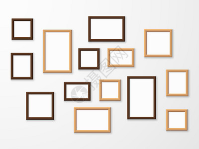 壁上不同大小的木制板框空白画墙上不同大小的木制空白画框博物馆廊模拟设计广告画图像模板拼矢量集木制框架广告图像模板矢量集图片