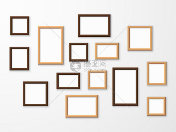 壁上不同大小的木制板框空白画墙上不同大小的木制空白画框博物馆廊模拟设计广告画图像模板拼矢量集木制框架广告图像模板矢量集图片