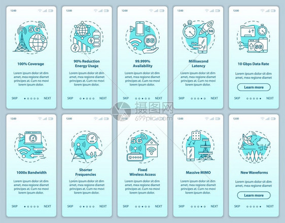 5g安装移动应用程序页面屏幕矢量模板的移动应用程序技术更短的频率走过网站步骤线插图固定无线访问uxig智能手机界面概念图片