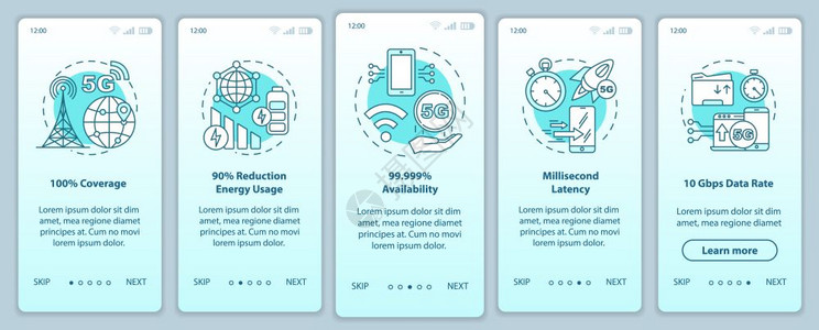 5g安装移动应用程序页面屏幕矢量模板的移动应用程序技术10覆盖率带线插图的步行式网站骤毫秒延缓度uxig智能手机界面概念图片