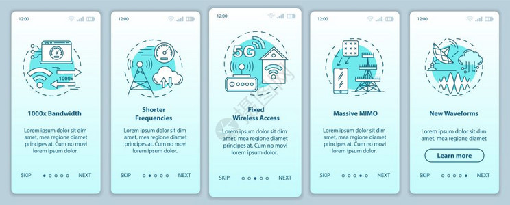 5g安装移动应用程序页面屏幕矢量模板上的5g技术大型MImo以线插图通过网站步骤频率较短uxig智能手机界面概念图片