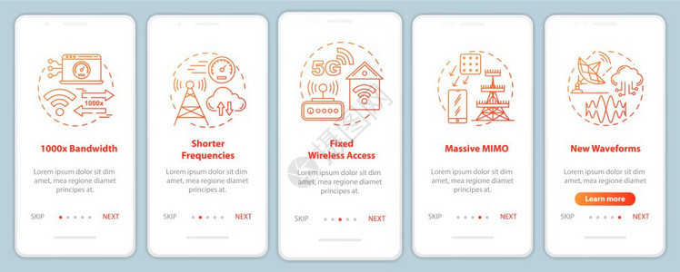 5g安装移动应用程序页面屏幕矢量模板的移动应用程序技术较短的频率大规模MImo以线插图通过网站步骤uxig智能手机界面概念图片