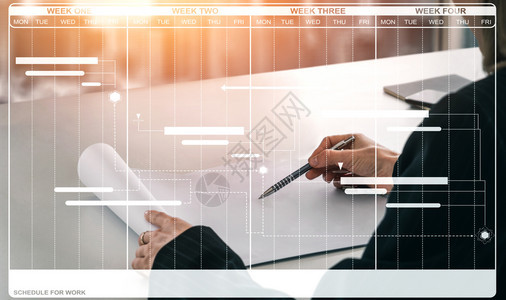 业务规划项目管理时间表现代图形界面显示管理整个时间表的项目经理监测计划中每项任务期限的明细表图片