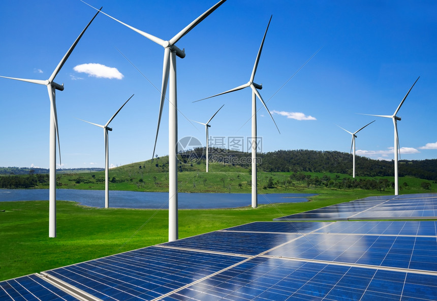 太阳能电池板光伏和风力涡轮机农业发电在自然景观中生产可再绿色能源是友好型工业图片