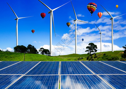 太阳能电池板光伏和风力涡轮机农业发电在自然景观中生产可再绿色能源是友好型工业图片