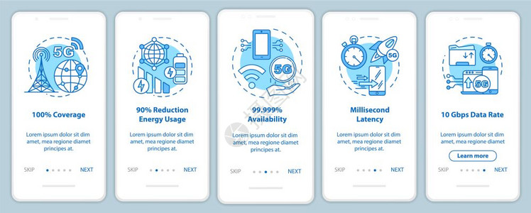 5g技术装有线概念的移动应用程序页面屏幕上安装5g技术10覆盖毫秒延度5个步走骤图形说明uxi带插图的gui矢量模板图片