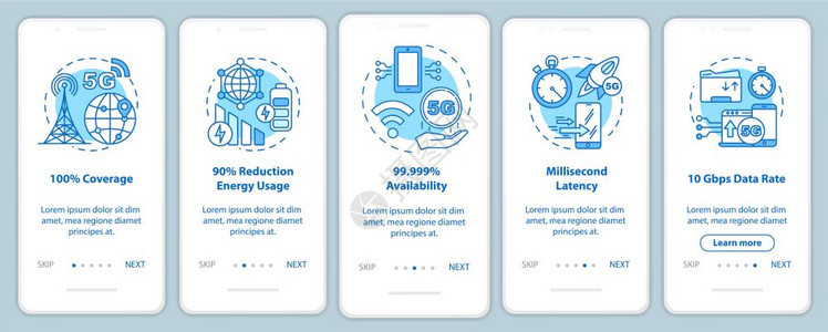 5g技术装有线概念的移动应用程序页面屏幕上安装5g技术10覆盖毫秒延度5个步走骤图形说明uxi带插图的gui矢量模板图片