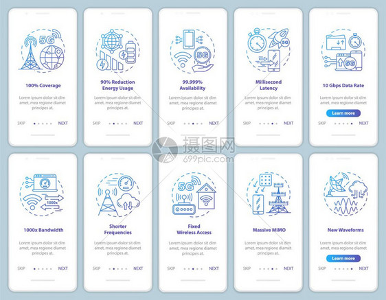 5g安装移动应用程序页面屏幕矢量模板固定无线接入缩短频率通过网站步骤线插图等5g项技术uxig智能手机界面概念图片