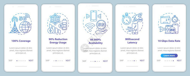 5g手机应用程序页面屏幕矢量模板上安装5g项技术10的覆盖率毫秒的延迟度带有线插图的步行式网站骤uxig智能手机界面概念图片
