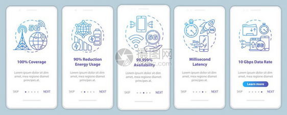 5g手机应用程序页面屏幕矢量模板上安装5g项技术10的覆盖率毫秒的延迟度带有线插图的步行式网站骤uxig智能手机界面概念图片