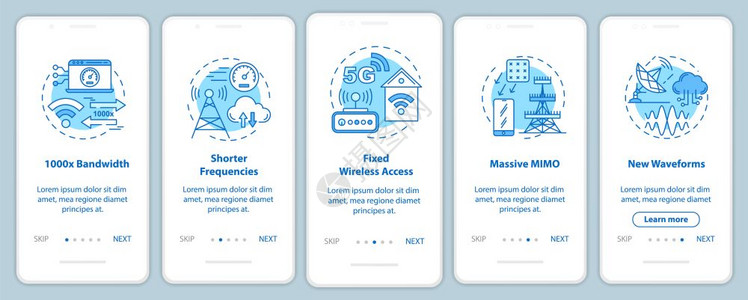 5g技术装有线概念的移动应用程序页面屏幕上5g技术大型MImo较短的频率5步走图示指uxi带有插图的gui矢量模板图片