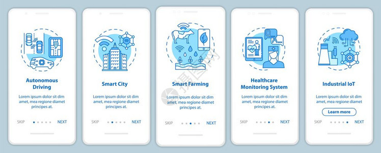 5g技术装有线概念的移动应用程序页面屏幕智能城市自主驾驶5步走图示指uxi带插图的gui矢量模板图片