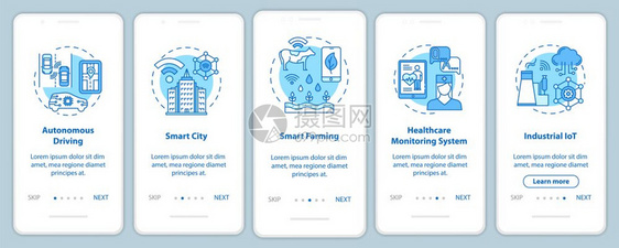 5g技术装有线概念的移动应用程序页面屏幕智能城市自主驾驶5步走图示指uxi带插图的gui矢量模板图片