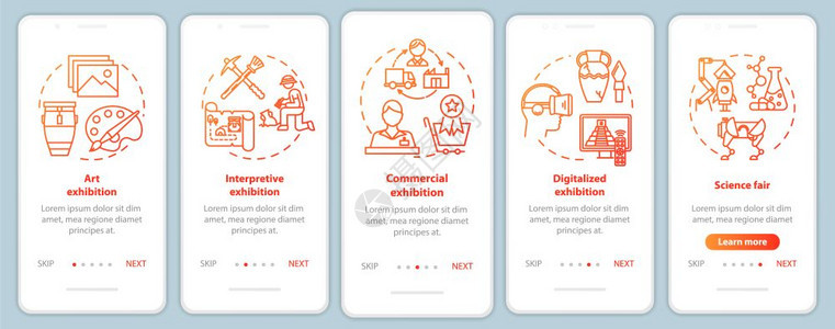 上载移动应用程序页面屏幕矢量模板的移动应用程序展览和博物馆展览会科学带有线插图的漫步式网站骤uxig智能手机界面概念图片
