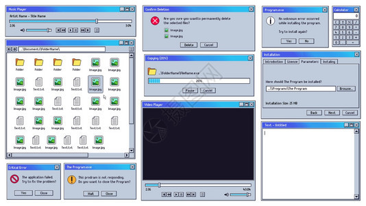 旧用户界面计算机音乐和视频播放器ui文本编辑器和关键系统错误警报窗口矢量示意图集收os信息通知部件旧用户界面图片