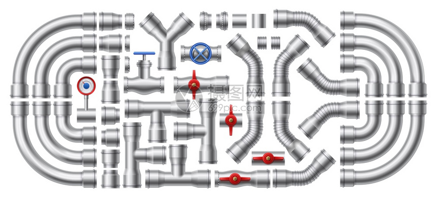 钢管道连接器和工业阀门矢量插图 图片