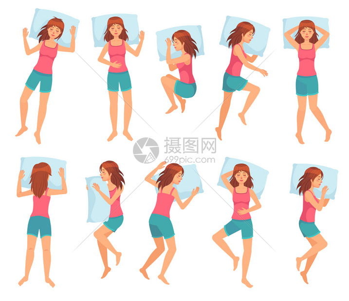 睡得健康的姿势和女人格睡在枕头卡通矢量插图上一群女孩在夜间休息时