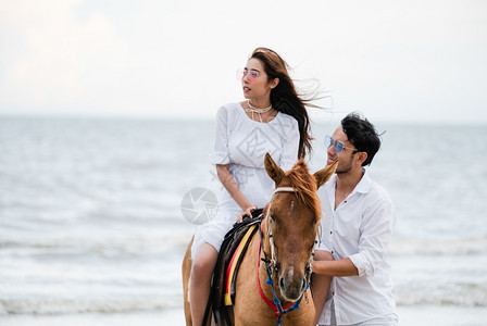 年轻夫妇骑着马在海滩度蜜月图片