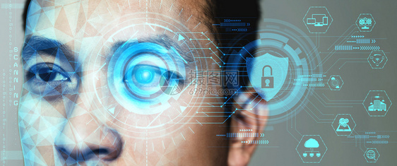 未来的网络安全数据保护通过生物鉴别技术扫描用人的眼睛进行扫描打开和获取私人数字据未来技术创新概念图片