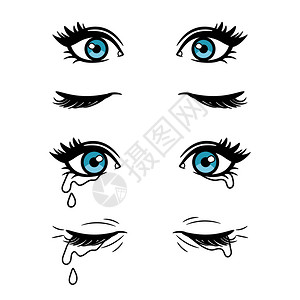 悲伤女孩女眼睛哭泣着蓝孤立在白色背景上插画