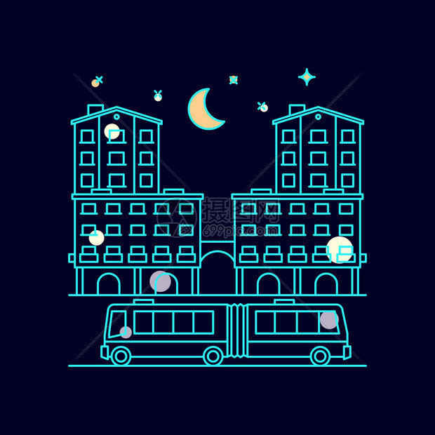 夜间城市风景月亮星家居公共汽车矢量图图片