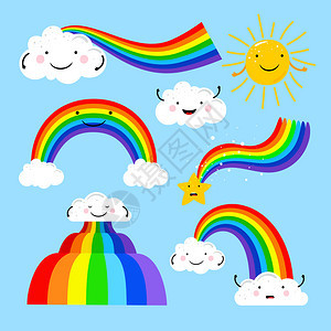 蓝色天空彩虹和云的卡通插图图片