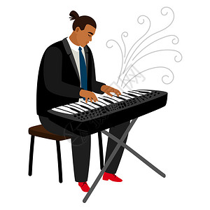 爵士钢琴家在合成器矢量卡通字符上演奏爵士钢琴家演示音乐爵士家在