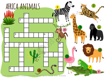 非洲动物儿童填字游戏矢量插画图片