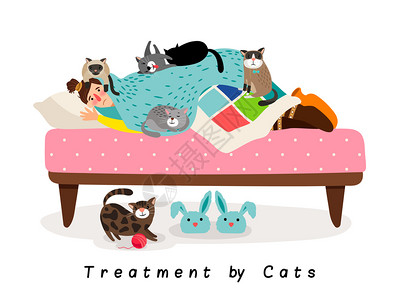 猫的治疗生病女士与可爱小猫在周围病媒说明猫的治疗图片