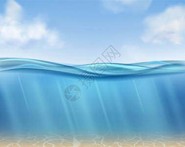 水下海洋太阳射线和海床全景图片
