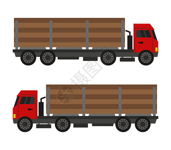 红绿对比图装有木柴的红色卡车行驶对比图插画