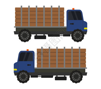 汽车报废厂装有木柴的蓝色卡车行驶对比图插画