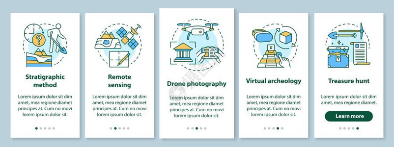 具有线概念的移动应用程序页面屏幕上安装移动应用程序页面屏幕的考古学方法研究地形寻宝走过步骤的图形指示uxi带插图的gui矢量模板图片