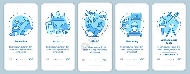 安装移动应用程序页面屏幕矢量模板的移动应用程序上的考古学挖掘和保存文物带有线插图的徒步通过网站骤uxig智能手机界面概念图片