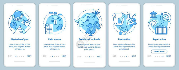 移动应用程序页面屏幕矢量模板上的考古学以往研究的奥秘带有线插图的漫步式网站骤uxig智能手机界面概念图片