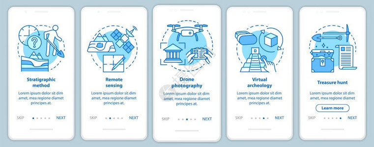 使用移动应程序页面屏幕矢量模板的移动应用页面屏幕上的考古方法研究地形寻宝用线插图走过网站步骤uxig智能手机界面概念图片