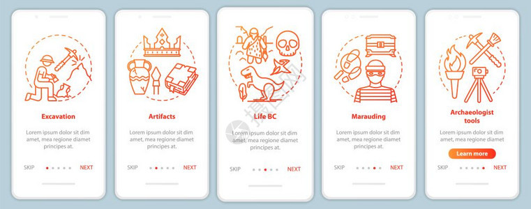 安装移动应用程序页面屏幕矢量模板的移动应用程序上的考古学挖掘和保存文物带有线插图的徒步通过网站骤uxig智能手机界面概念图片