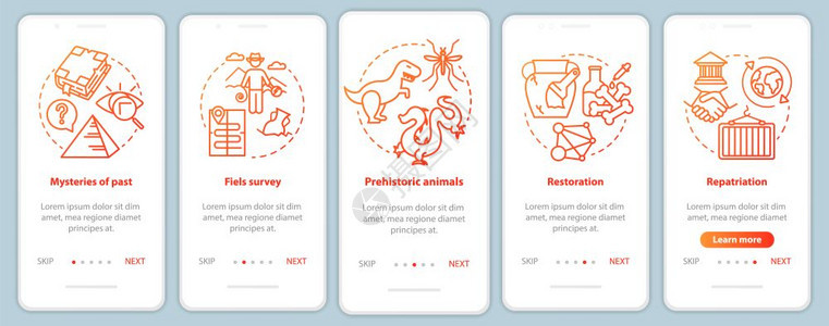 移动应用程序页面屏幕矢量模板上的考古学以往研究的奥秘带有线插图的漫步式网站骤uxig智能手机界面概念图片