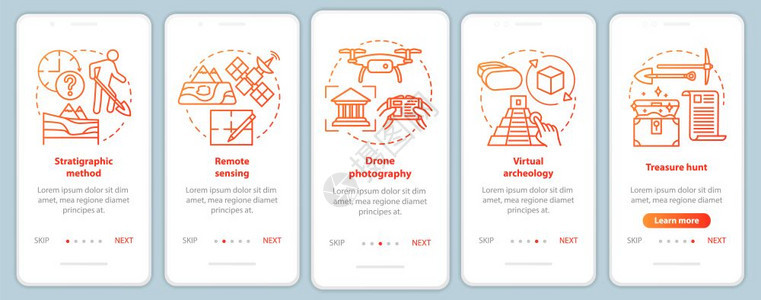 使用移动应程序页面屏幕矢量模板的移动应用页面屏幕上的考古方法研究地形寻宝用线插图走过网站步骤uxig智能手机界面概念图片