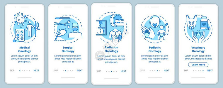医生和外科肿瘤学癌症治疗通过五步图示指配有rgb颜色插图的ui矢量模板图片
