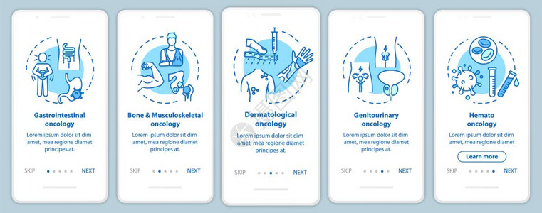 内嵌移动应用程序页面屏幕上的肿瘤学及其概念胃肠道肿瘤癌症治疗通过五步图示指ui矢量模板配有rgb颜色插图图片