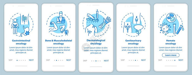 内嵌移动应用程序页面屏幕上的肿瘤学及其概念胃肠道肿瘤癌症治疗通过五步图示指ui矢量模板配有rgb颜色插图图片