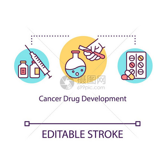 肿瘤治疗概念细线插图药物片治疗理学医实验室研究病媒孤立的Rgb色画可编辑的中风图片