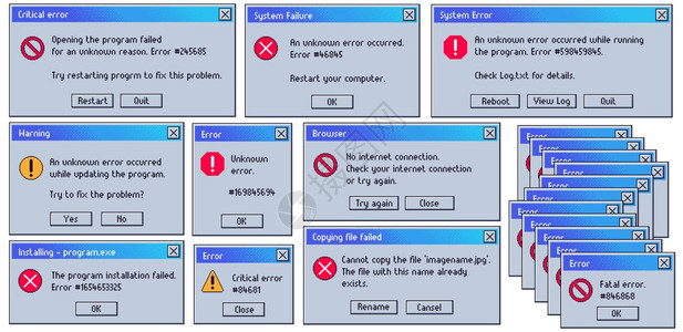 反向错误信息旧用户界面系统失败窗口致命和严重错误信息损坏的计算机问题警告矢量集操作失败或有按钮的崩溃部件反向错误信息旧用户界面系背景图片