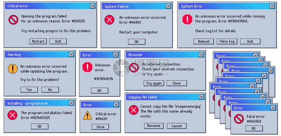 反向错误信息旧用户界面系统失败窗口致命和严重错误信息损坏的计算机问题警告矢量集操作失败或有按钮的崩溃部件反向错误信息旧用户界面系图片